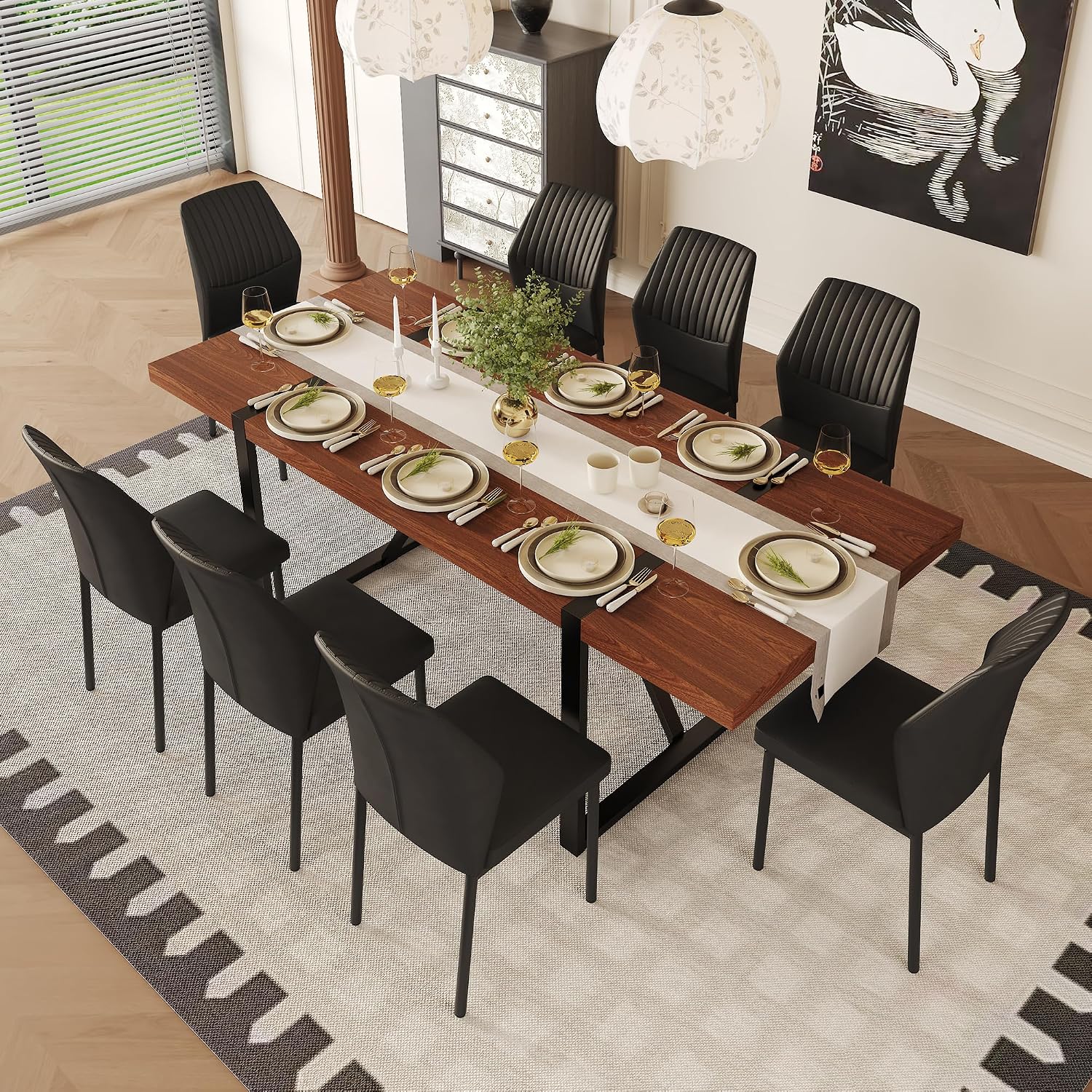 9 Piece Dining Table Set, 86.6'' Dining Table Set for 8,Wooden Table with Chairs Set, Ideal for Home, Kitchen Room & Conference Area