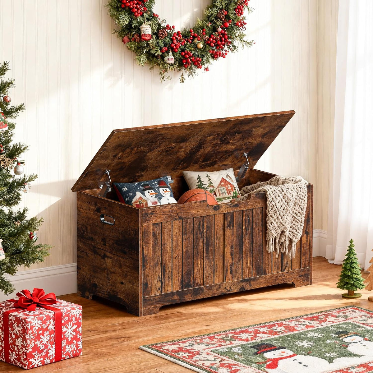 SUPER DEAL Storage Chest, 39 inches Chest Box Organizer with 2 Safety Hinges, Wooden Entryway Shoe Organizer Storage Bench, Rustic Brown