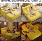 Oversized Chaise Lounge Chair Indoor, Upholstered Single 68''Convertible Sofa Bed with Storage Pocket, Frameless Design & Compression Foam for Small Spaces, Living Room, Apartment, Yellow