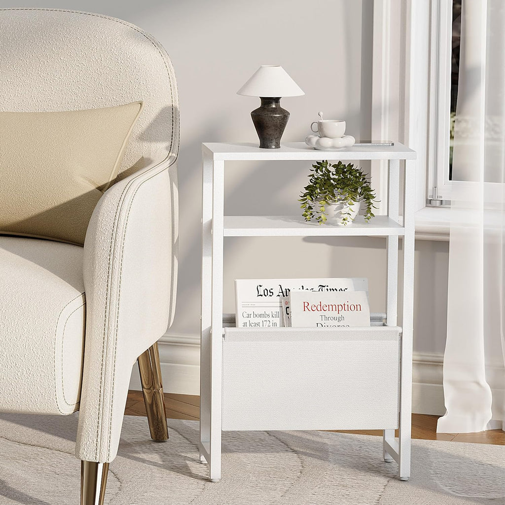 Narrow Side Table, Slim End Table with Magazine Rack, Skinny Bedside Table for Small Spaces, 3 Tier Sofa Couch Table Nightstand for Living Room, Bedroom, White LET503W