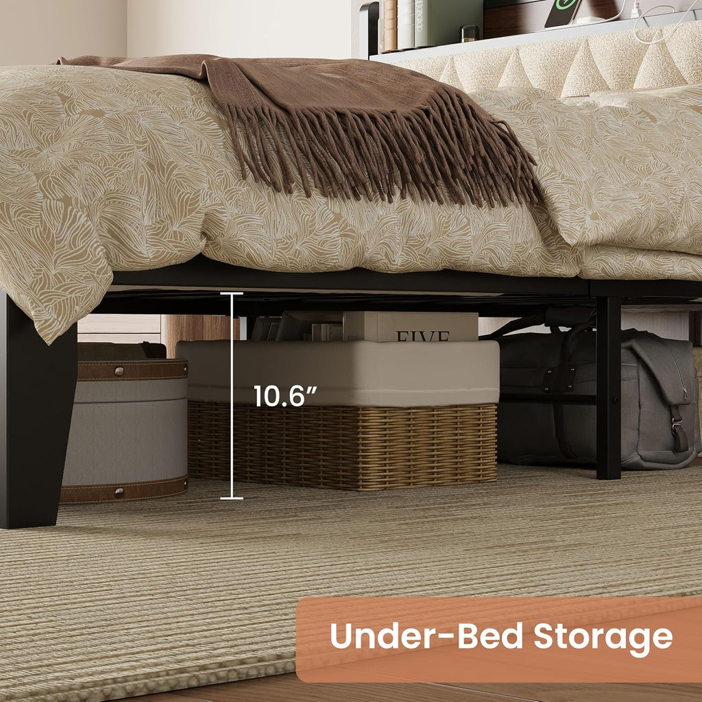ANCTOR Queen Bed Frame with Headboard & Charging Station,Wood and Cream