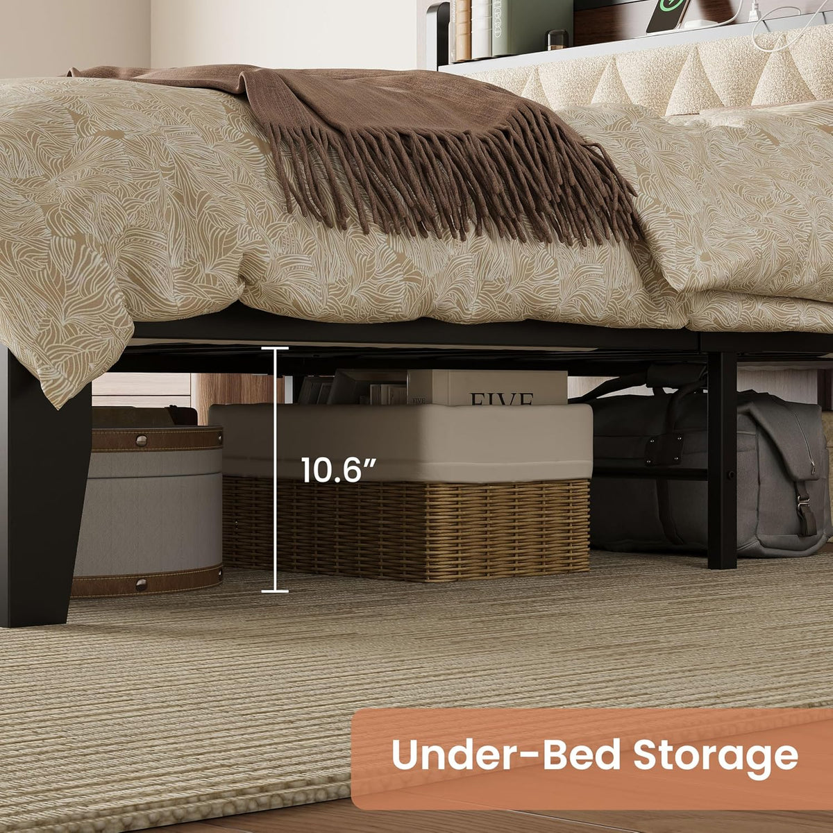 ANCTOR Queen Bed Frame with Headboard & Charging Station,Wood and Cream