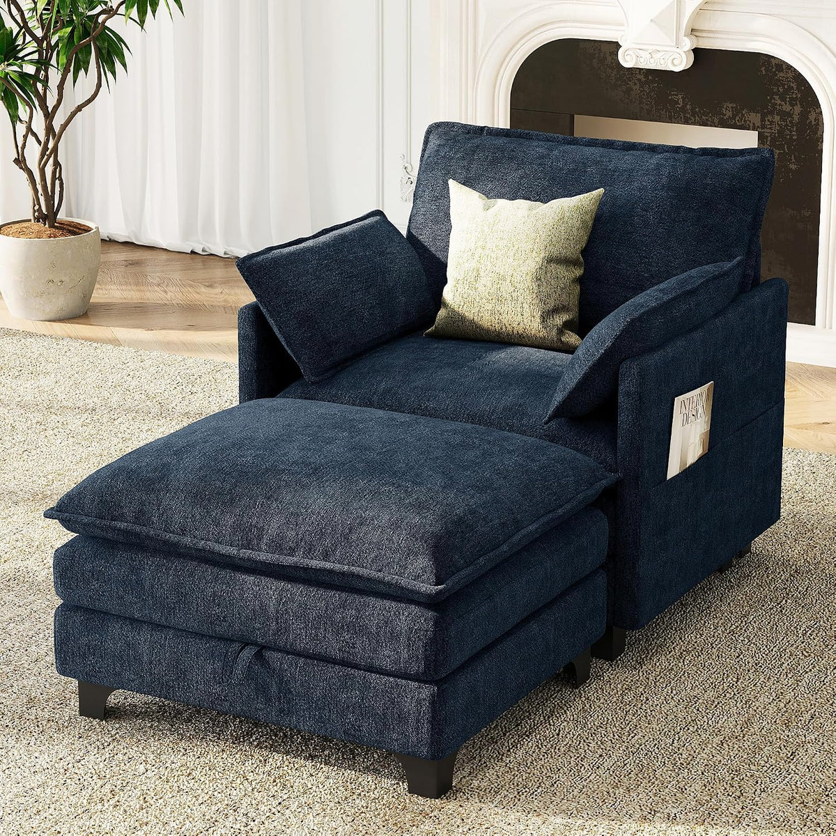 Accent Sofa Chair with Storage Ottoman, Cloud Sigle Couch with Side Pocket for Living Room, Bedroom and Apartment, Navy Blue