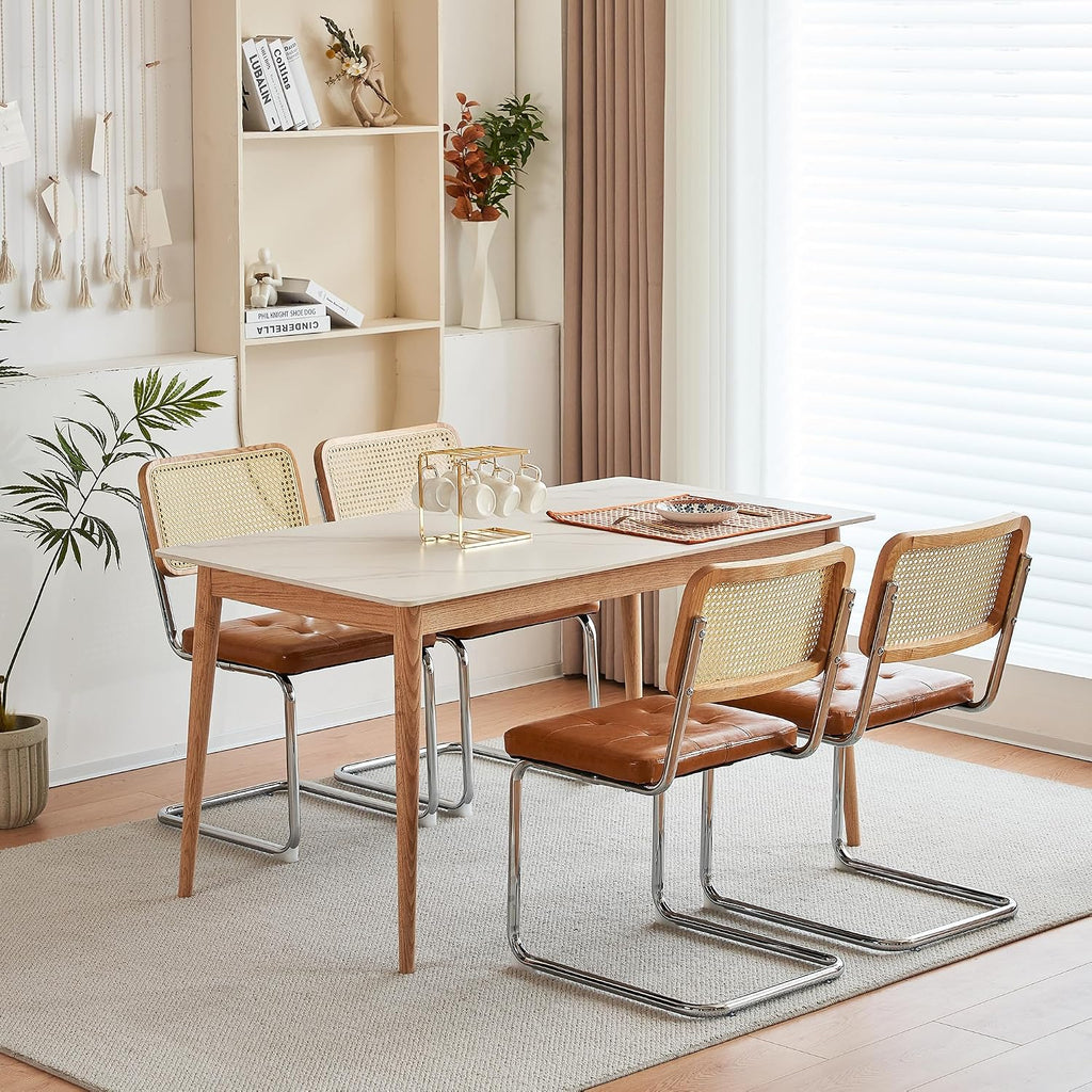 Cantilever Dining Chair, Single Modern Armless Chair with Chrome Steel Frame, PU Leather Seat and Rattan Backrest, 17.7" Seat Height Kitchen & Dining Room Chair (Brown, Set of 2)