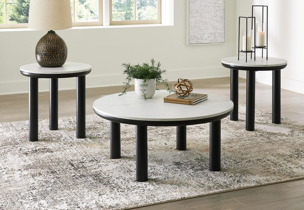 GTU Furniture Casual MDF Round 3-Piece Coffee Table Set, Cocktail Table with 2 Matching End Tables, Black/White Finish for Living Room