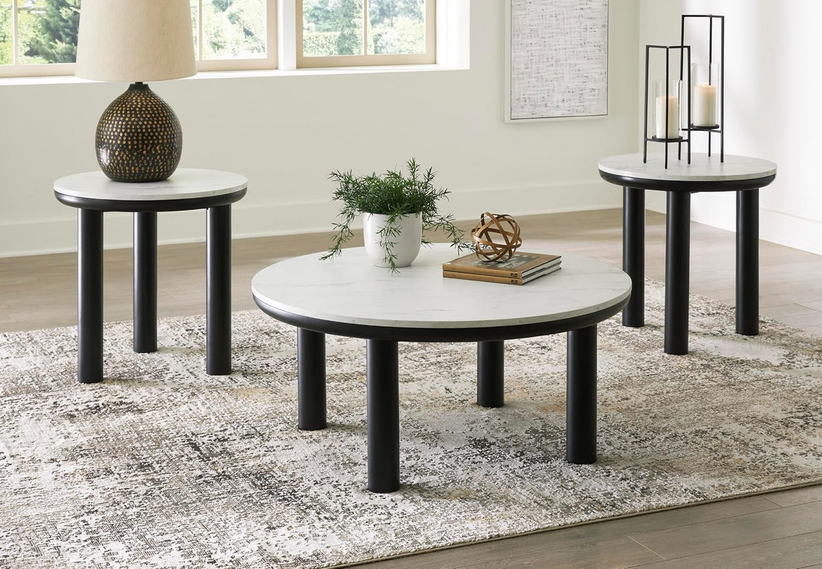 GTU Furniture Casual MDF Round 3-Piece Coffee Table Set, Cocktail Table with 2 Matching End Tables, Black/White Finish for Living Room