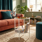 2 Tier Round Side Table with Tempered Amber Glass Top, White Metal End Table for Small Spaces, Bedroom, Living Room,Cute Retro Aesthetic Nightstand, Modern Vibe Accent Table for Plant & Decor