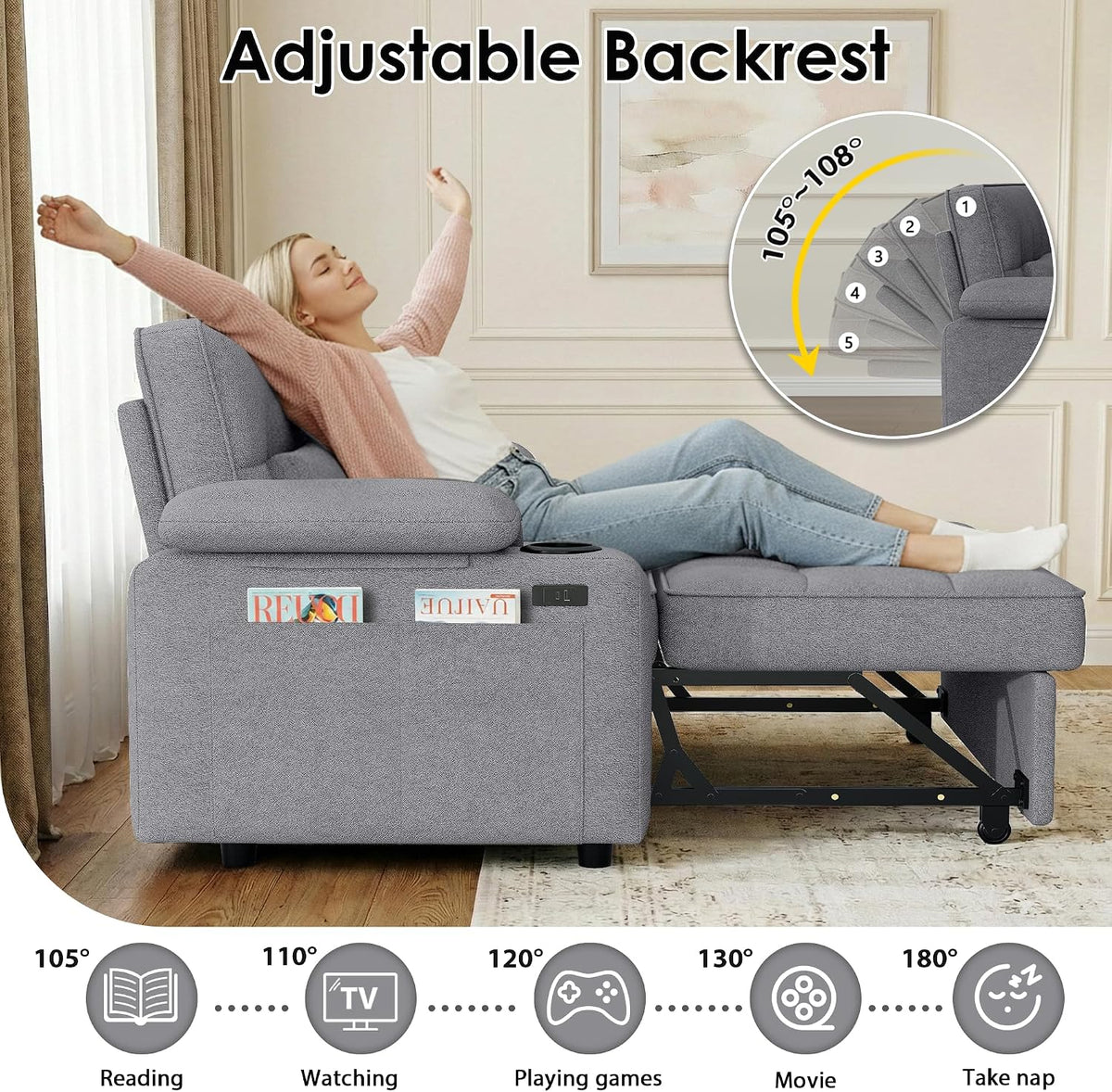 58'' Convertible Sofa Bed with USB Charger and Cup Holders, Teddy Fabric Loveseat Pull Out Couch with Adjustable Backrest and Side Pocket for Small Space(Grey)