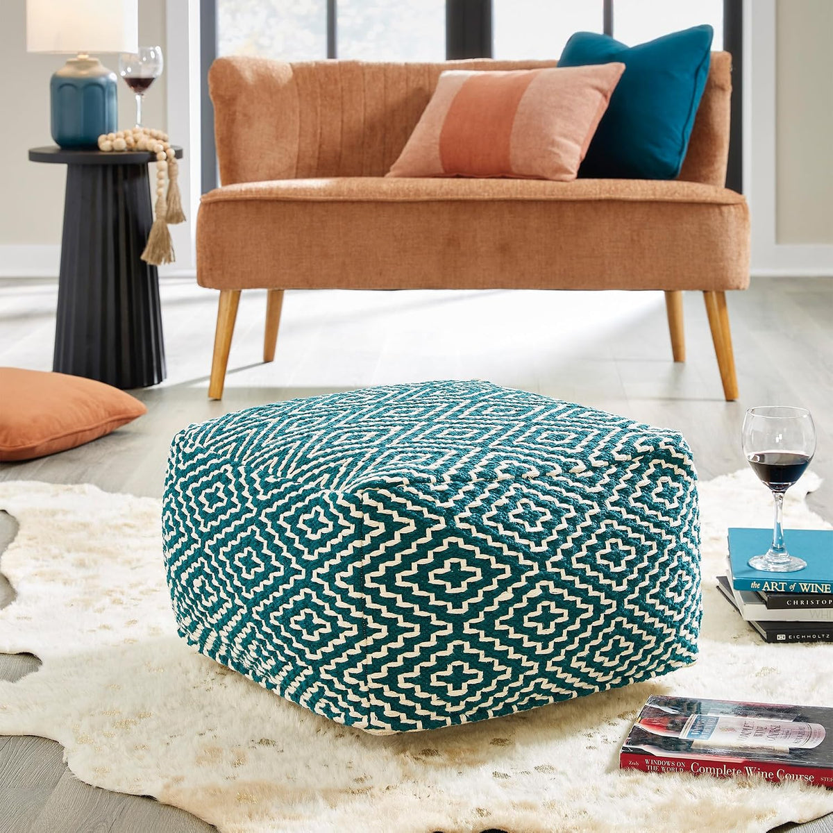 Signature Design by Ashley Brynnsen Casual Handwoven Geometric Pouf, Green & White