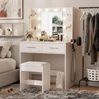 Furmax Makeup Vanity Desk with Mirror and Power Outlet, White | 3 Color Light Options Adjustable Brightness, 2 Drawers, 6 Storage Shelves, with Bench