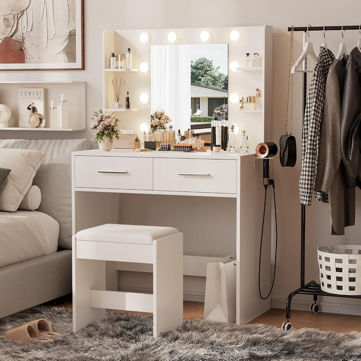 Furmax Makeup Vanity Desk with Mirror and Power Outlet, White | 3 Color Light Options Adjustable Brightness, 2 Drawers, 6 Storage Shelves, with Bench