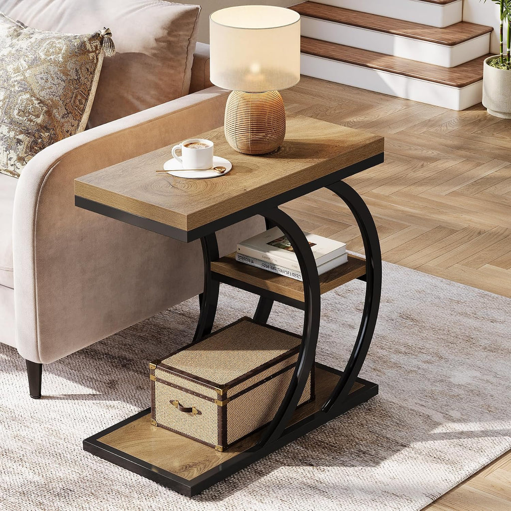 Tribesigns End Table Set of 2, 3-Tier Narrow Wood Couch C-Shaped Side Table with Storage, Industrial Nightstand for Bedroom, Small Spaces, Natural