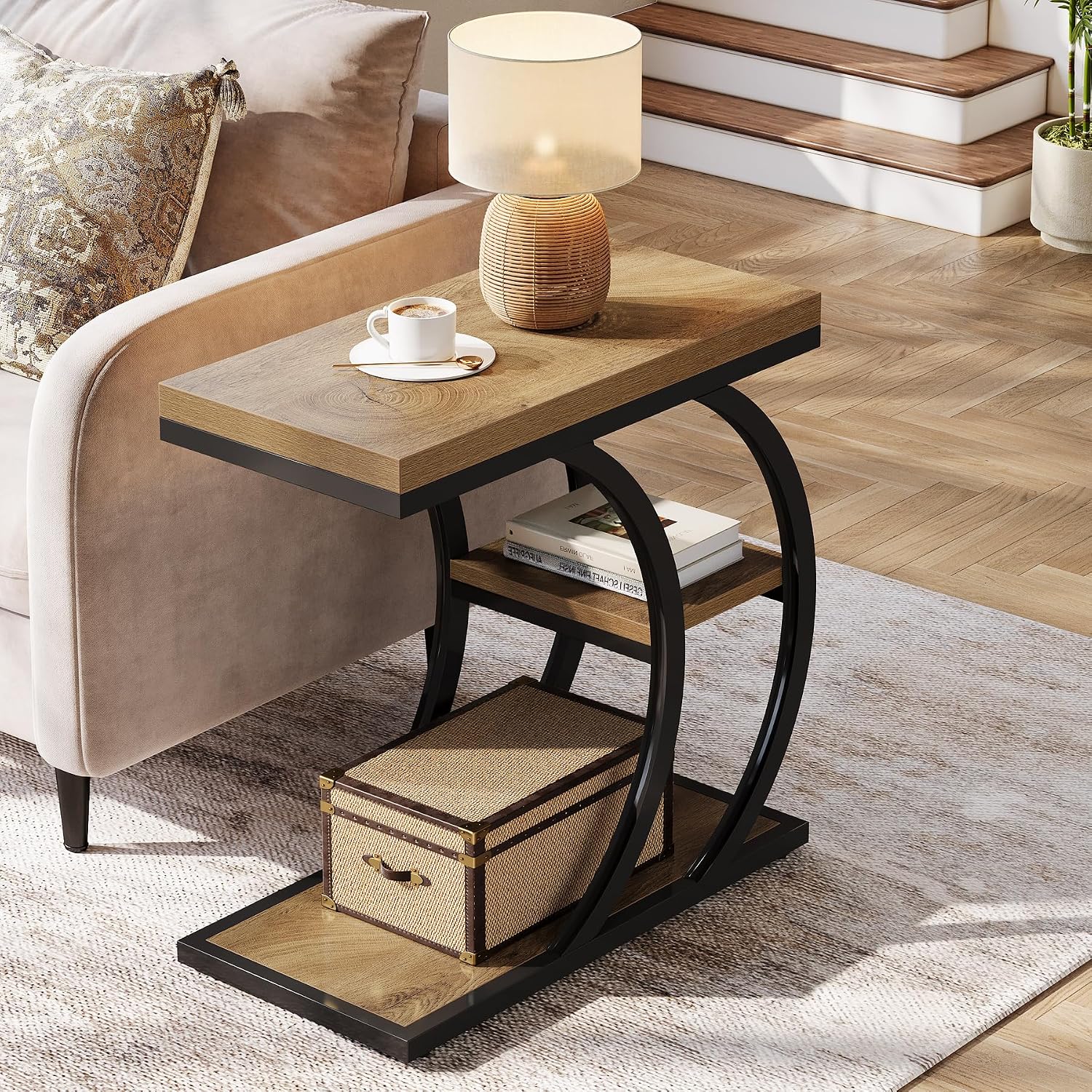 Tribesigns End Table Set of 2, 3-Tier Narrow Wood Couch C-Shaped Side Table with Storage, Industrial Nightstand for Bedroom, Small Spaces, Natural