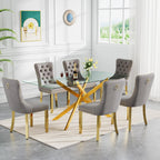 61" Modern Dining Table Set for 6, Rectangular Tempered Glass Dining Table and 6 Grey Velvet Dining Chairs, Luxury 7 Piece Kitchen Dining Room Tables Set with Gold Chrome Metal X-Base