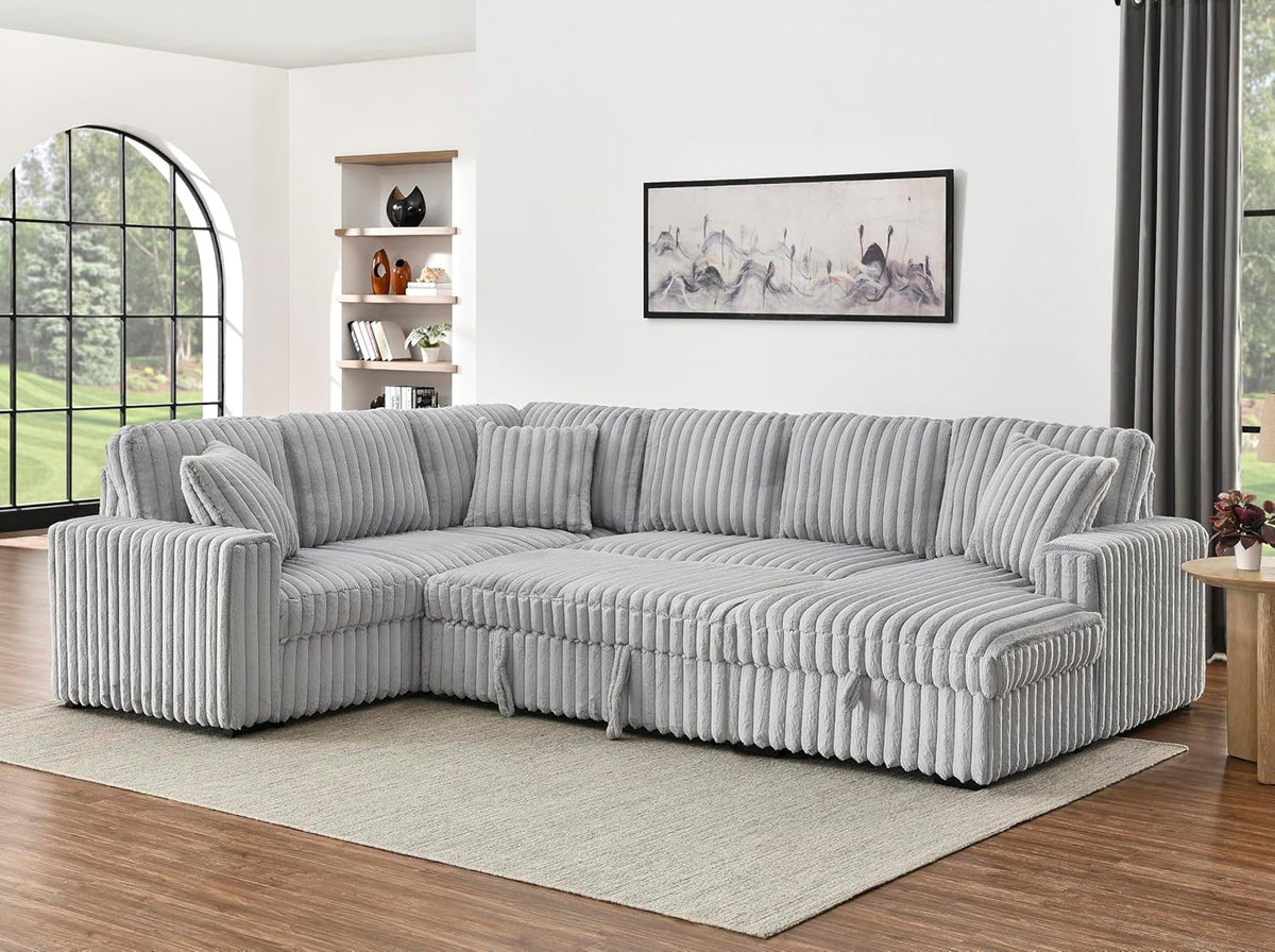 122" Oversized Sectional Sleeper Sofa with PullOut Bed - Gifts for Men Women,U Shape Sectional Couch with Storage Chaise Lounge for Apartment,6 Seat Corduroy Sofa with USB Port-Gray