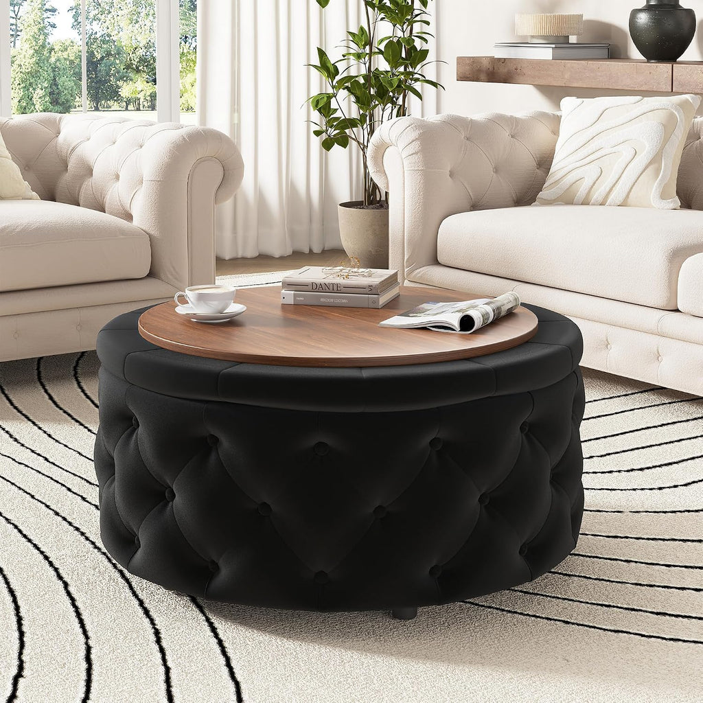 FiveWillowise 30 Inch Round Ottoman with Storage Tray,Large Coffee Table | Circle Modern Button Footstool with Removable Lid,Cozy Foot Stools for Living Room, Bedroom,Makeup Room,Black