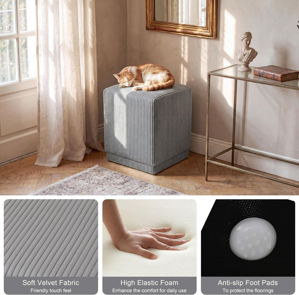 Homebeez Modern Square Ottoman, Vertical Channel Tufted Foot Stool Ottoman, Corduroy Velvet Upholstered Vanity Stool for Makeup, Bedroom, Living Room, Light Gray