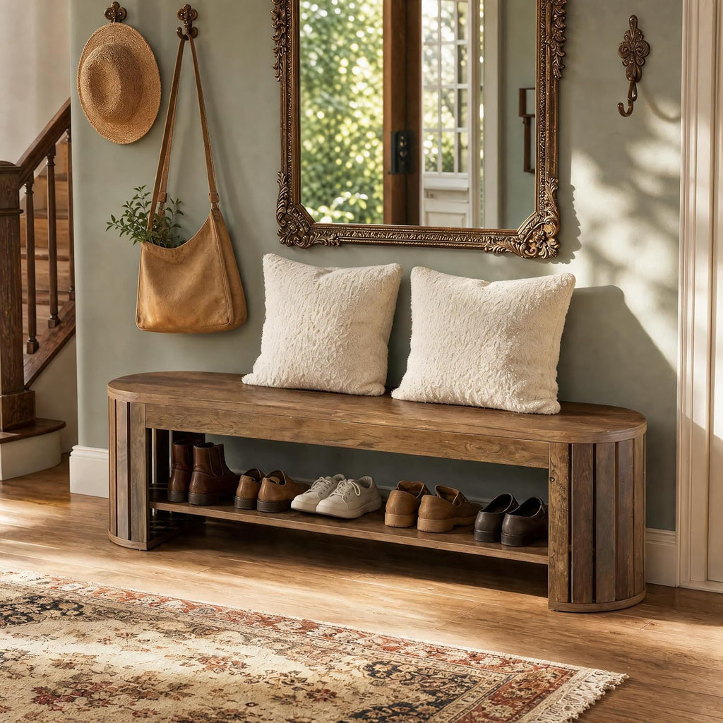 Tribesigns 63'' Shoe Storage Bench,Wooden Narrow 2-Tier Entryway Bench with Secure Rounded Edges,End of Bed Bench with Adjust Foot Pads for Entrance,Bedroom,Living Room