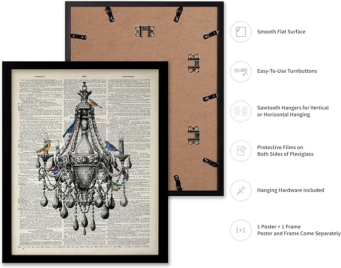 Poster Master Dictionary Art Poster - Antique Chandelier Print - Bird Art - Baroque Art - Gift for Men & Women - Chic Decor for Living Room, Dining Room, Bedroom or Kitchen, 16x20 Black Framed