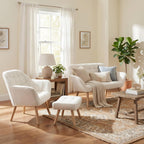 White Sherpa Accent Chair with Ottoman ，Modern Reading Chairs with Ottoman Set, Comfy Fuzzy Armchair Living Room Chair Lounge Chair with Wood Legs for Small Spaces Bedroom Apartment