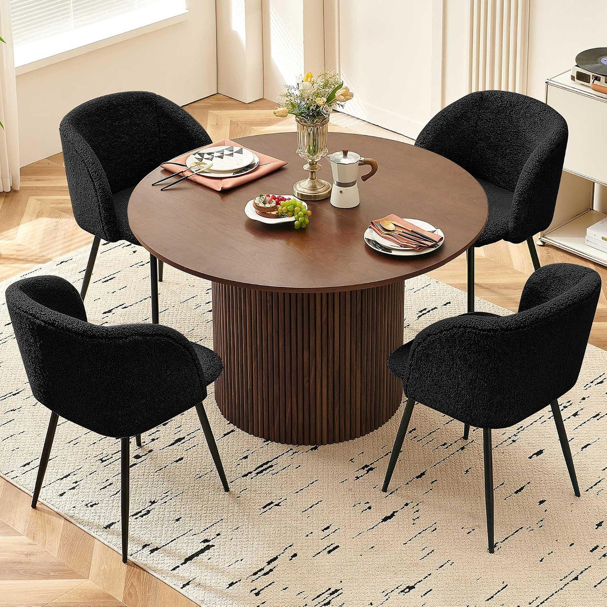 Homedot 5-Piece Round Dining Table Set for 4, 47-Inch Walnut Kitchen Table and Upholstered Chairs Set for Dining Room, Modern Circle Dinette Table Set with Black Barrel Dining Side Chairs Upholstered