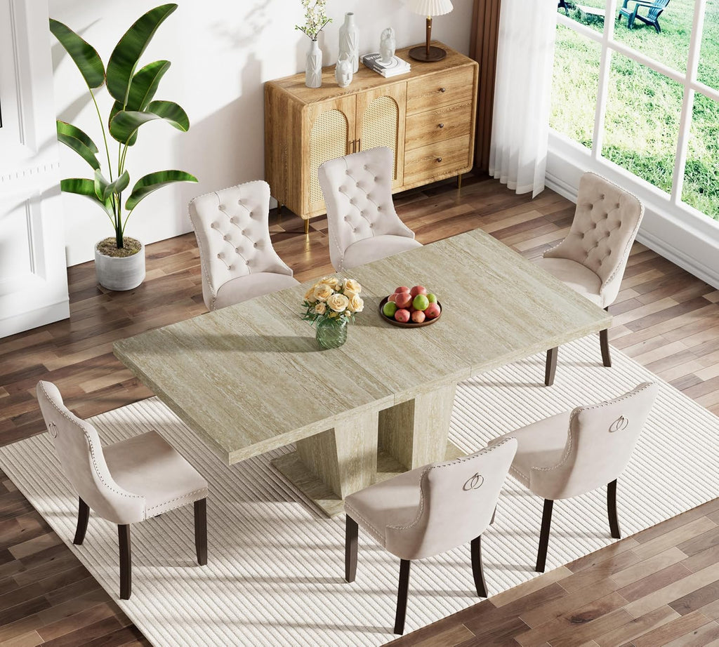 Modern Extendable Dining Table Set for 6, 78.74" Faux Travertine Expandable Table with 6 Beige Velvet Upholstered Chairs, Extendable Dining Room Table Set for 6 for Dinner Party Family Gathering