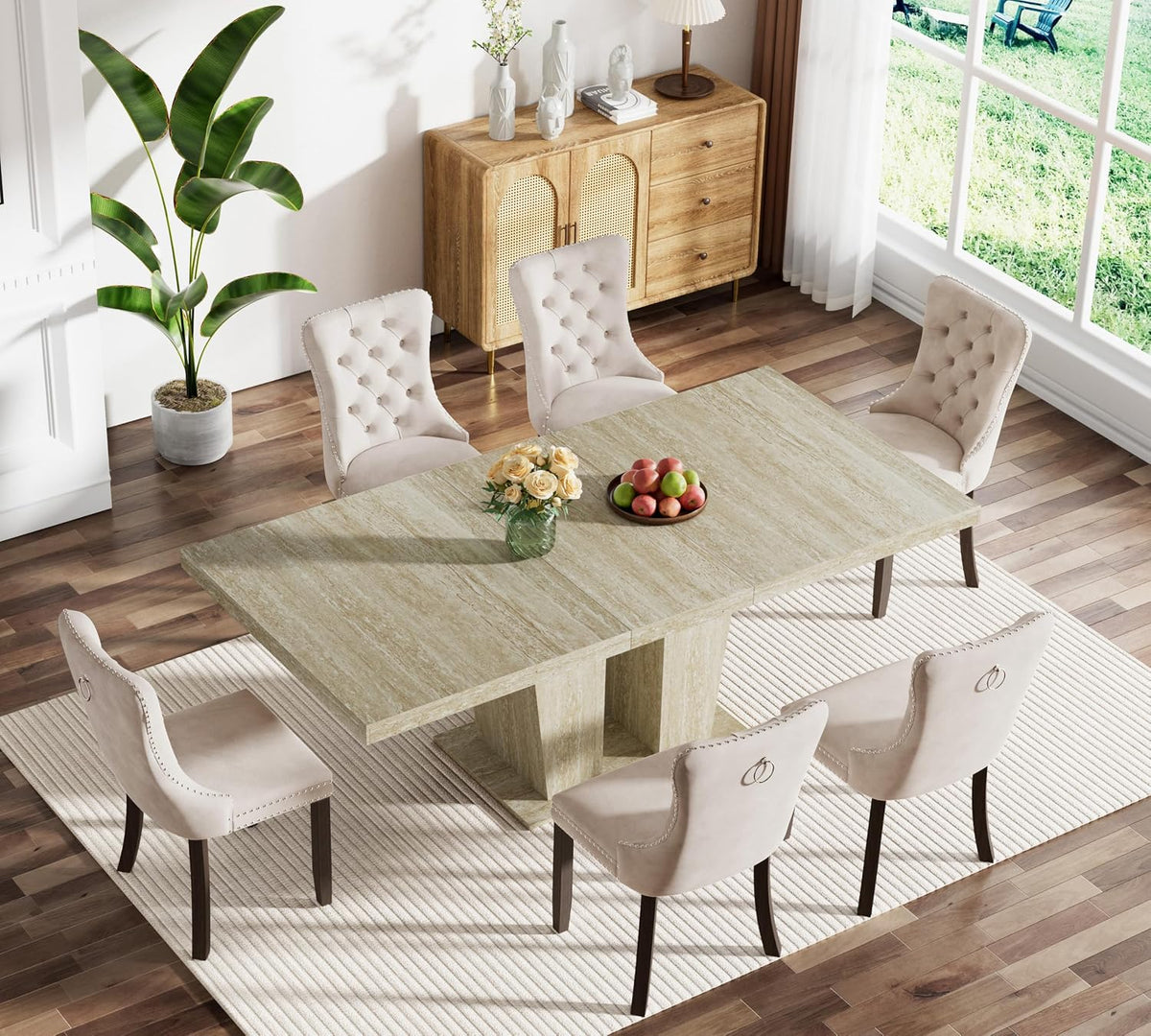 Modern Extendable Dining Table Set for 6, 78.74" Faux Travertine Expandable Table with 6 Beige Velvet Upholstered Chairs, Extendable Dining Room Table Set for 6 for Dinner Party Family Gathering