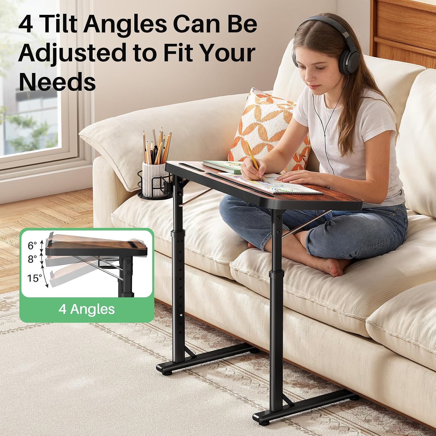 Kitstorack Large Adjustable TV Tray Table with Tilting Tabletop for Couch | Device slot, rotatable cup holder, magnetic edge stopper, folding design, for bed, laptop work, dining, gaming