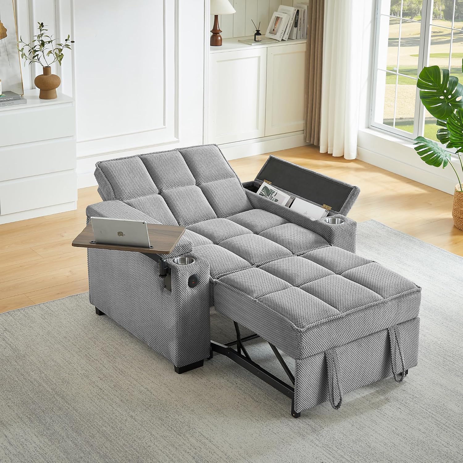 hansones Oversized Recliner Chair for Living Room, Accent Chair with Adjustable Backrest, Deep Seat Reading Chair with Storage, Cup Holders and 360° Swivel Side Table (Light Gray Armchair)
