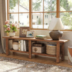 LITTLE TREE Solid Wood Entryway Shoe Bench, 63" Farmhouse Narrow End of Bed Bench with Storage Rack for Bedroom, Living Room, Entry Way, Front Door, Window, Hallway, Rustic Brown