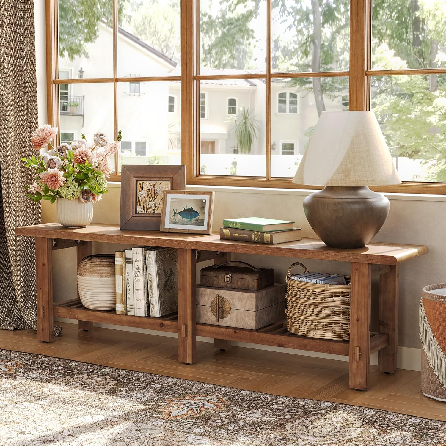LITTLE TREE Solid Wood Entryway Shoe Bench, 63" Farmhouse Narrow End of Bed Bench with Storage Rack for Bedroom, Living Room, Entry Way, Front Door, Window, Hallway, Rustic Brown