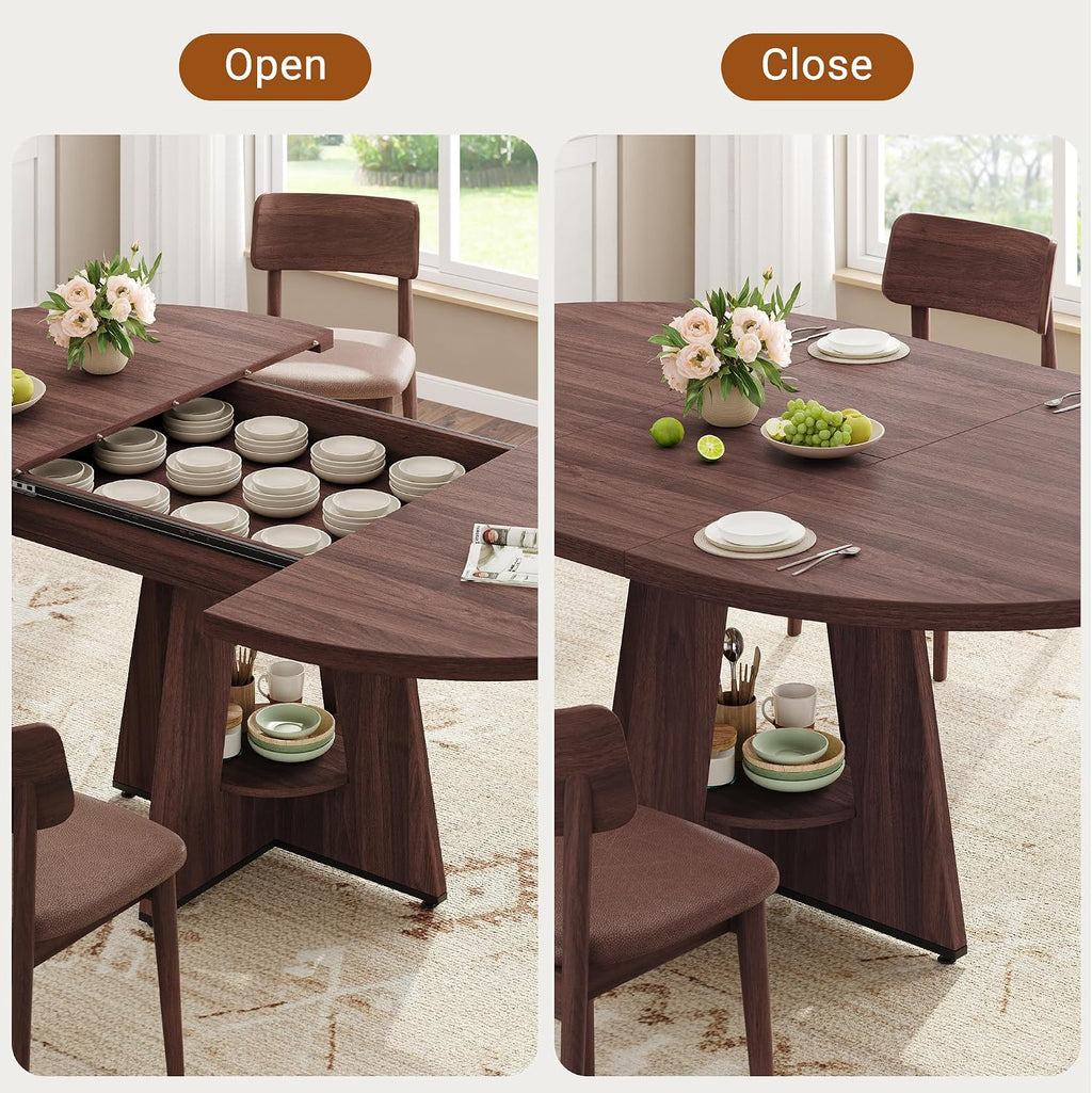 Extendable Dining Table, Round Kitchen Dining Room Dinner Table with for 4 6 8 People, Space Saving Modern Oval Expandale Furniture with Storage and Pedestal for Kitchen Living Room (Brown)