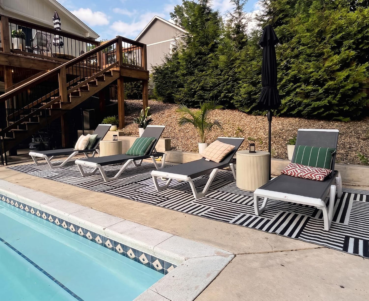 PURPLE LEAF Lounge Chair Outdoor Set of 4 Chaise Lounge w/Wheel, Dark Grey | The space-saving stackable design allows multiple chairs to nest together neatly for quick and easy off-season storage