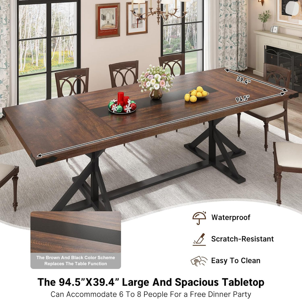 Hlivelood Dining Table for 8 10 People,Rectangular Kitchen Farmhouse Table W/Waterproof Wood Tabletop,Long Dining Room Tables W/Wood Strip Base for Kitchen Living Room(94IN BR&BK)