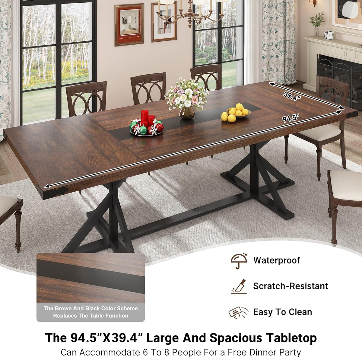 Hlivelood Dining Table for 8 10 People,Rectangular Kitchen Farmhouse Table W/Waterproof Wood Tabletop,Long Dining Room Tables W/Wood Strip Base for Kitchen Living Room(94IN BR&BK)