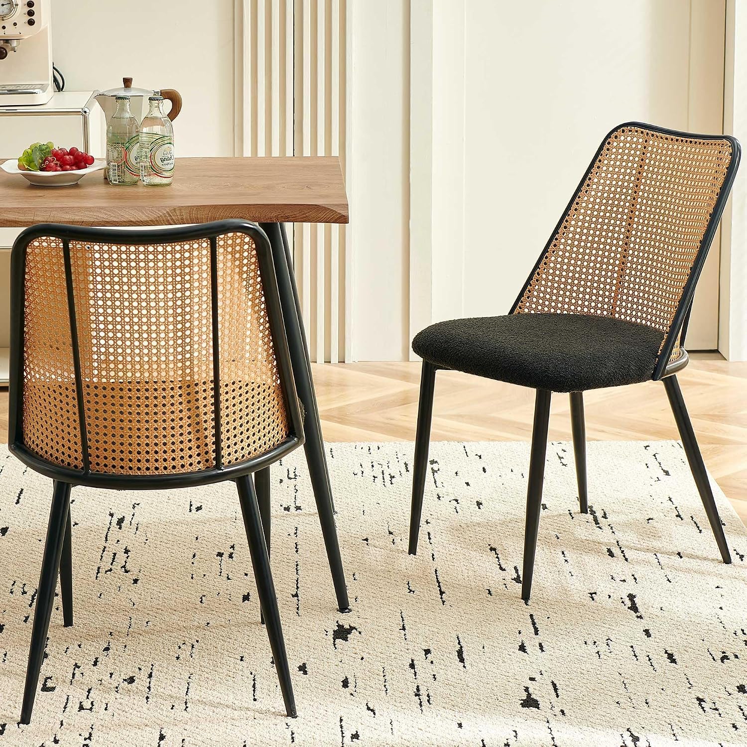 NORDICANA Rattan Dining Chairs Set of 2, Mid Century Kitchen Dining Room Side Chairs with Upholstered Cushion, Black