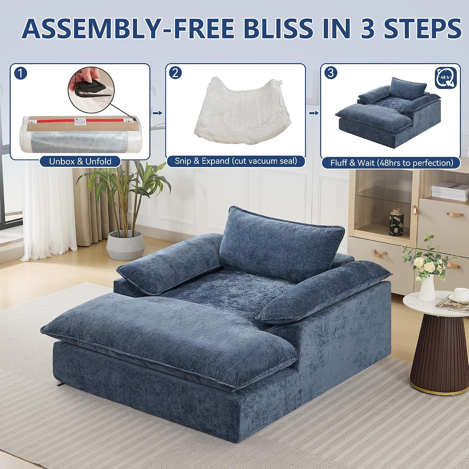 WUTUTUEE 69" Oversized Chaise Lounge Chair Indoor, No Assembly Blue Lounge Couch, Chenille Upholstered Sofa Bed with Pockets, Oversized Reading Chair with Ottoman for Living Room, Bedroom, Office