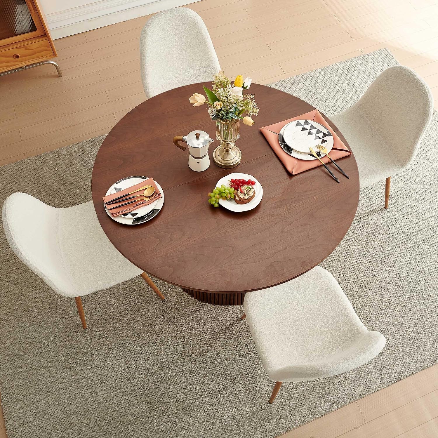 Dining Table Set for 4, Mid Century Modern 47 Inch Wooden Round Dining Table Set, Space Saving (Table + 4 White Chairs)