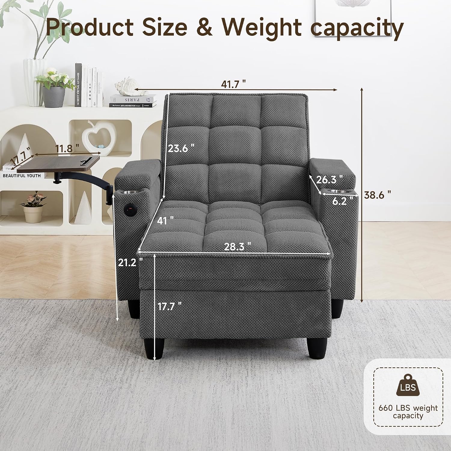 41.7" Oversized Chaise Lounge Chair Indoor, 3-in-1 Convertible Sleeper Lounger with Adjustable Backrest, Deep Seat Reading Chair with Armrest Storage, Swivel Table & Cup Holders (41.7" Dark gray)