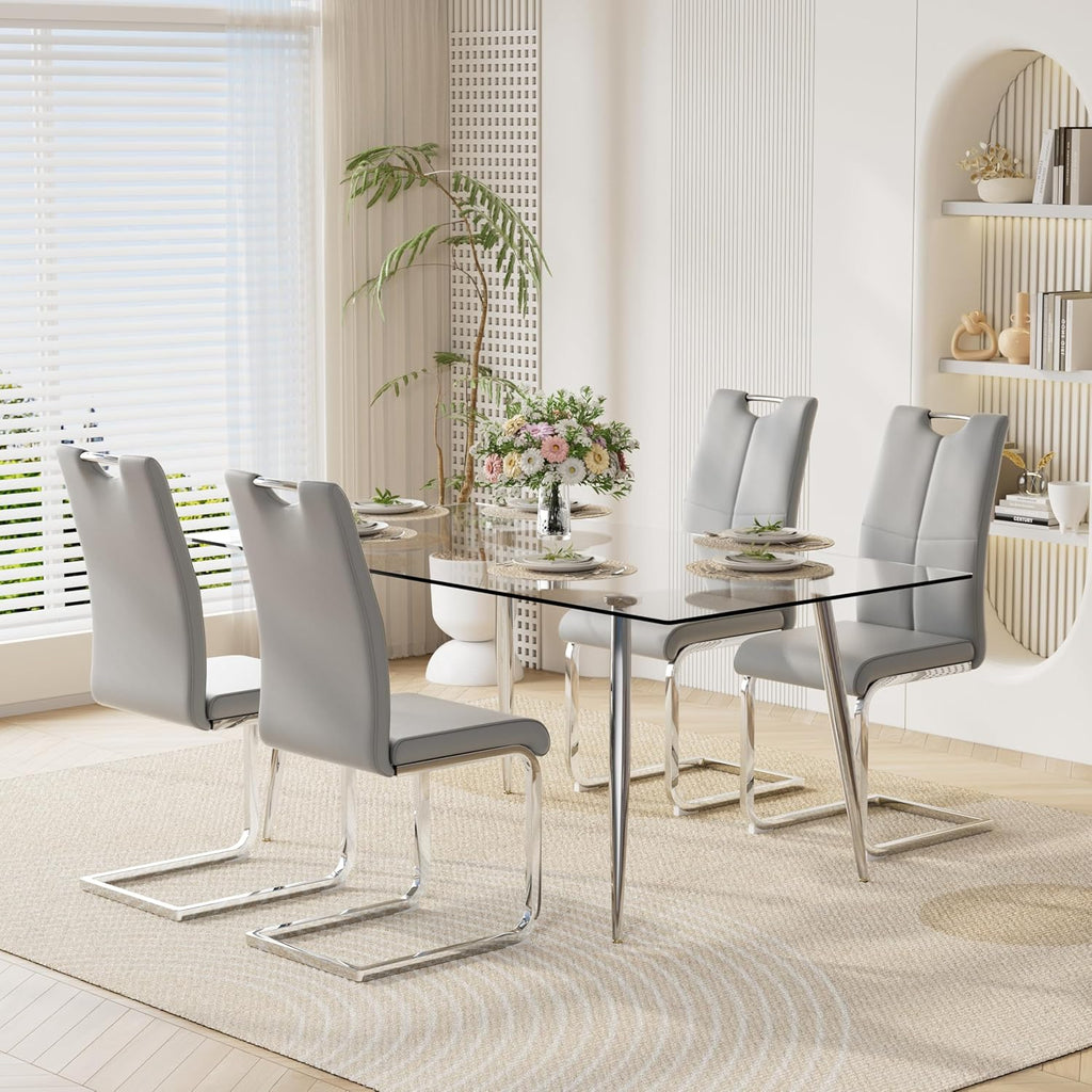 63" Modern 5-Piece Dining Table Set for 4 Rectangular Glass Table with 4 Upholstered Leather Chairs, Seats 4 Ideal for Kitchen Dining Room(Gray&Silver)