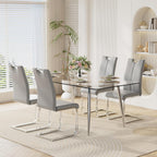 63" Modern 5-Piece Dining Table Set for 4 Rectangular Glass Table with 4 Upholstered Leather Chairs, Seats 4 Ideal for Kitchen Dining Room(Gray&Silver)