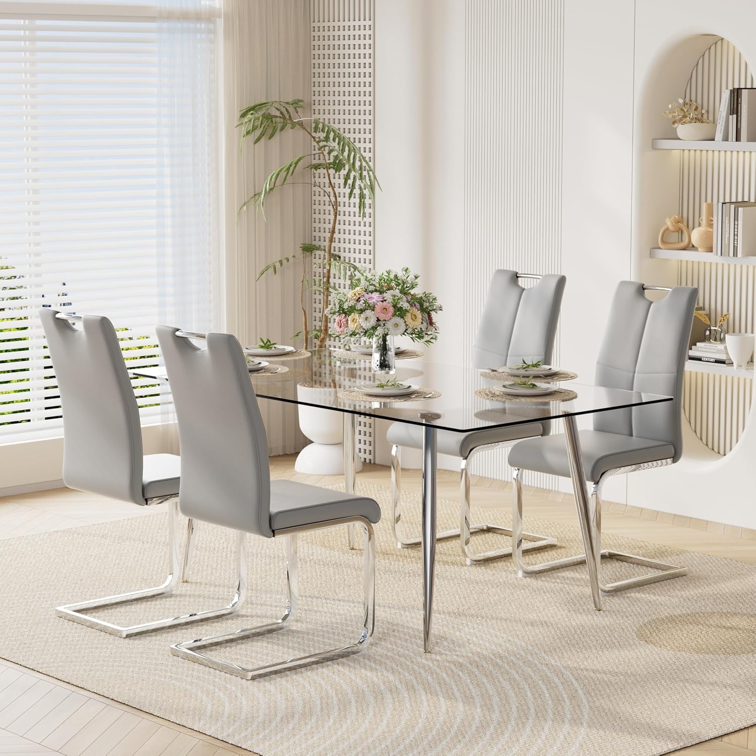 63" Modern 5-Piece Dining Table Set for 4 Rectangular Glass Table with 4 Upholstered Leather Chairs, Seats 4 Ideal for Kitchen Dining Room(Gray&Silver)