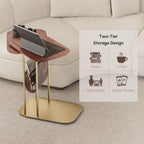 LOVEDIMA C-Shaped Walnut & Gold Rotating Side Table with Storage - 360° Swivel Top,Built-in Magazine Rack,Modern End Table for Sofa/Bedside