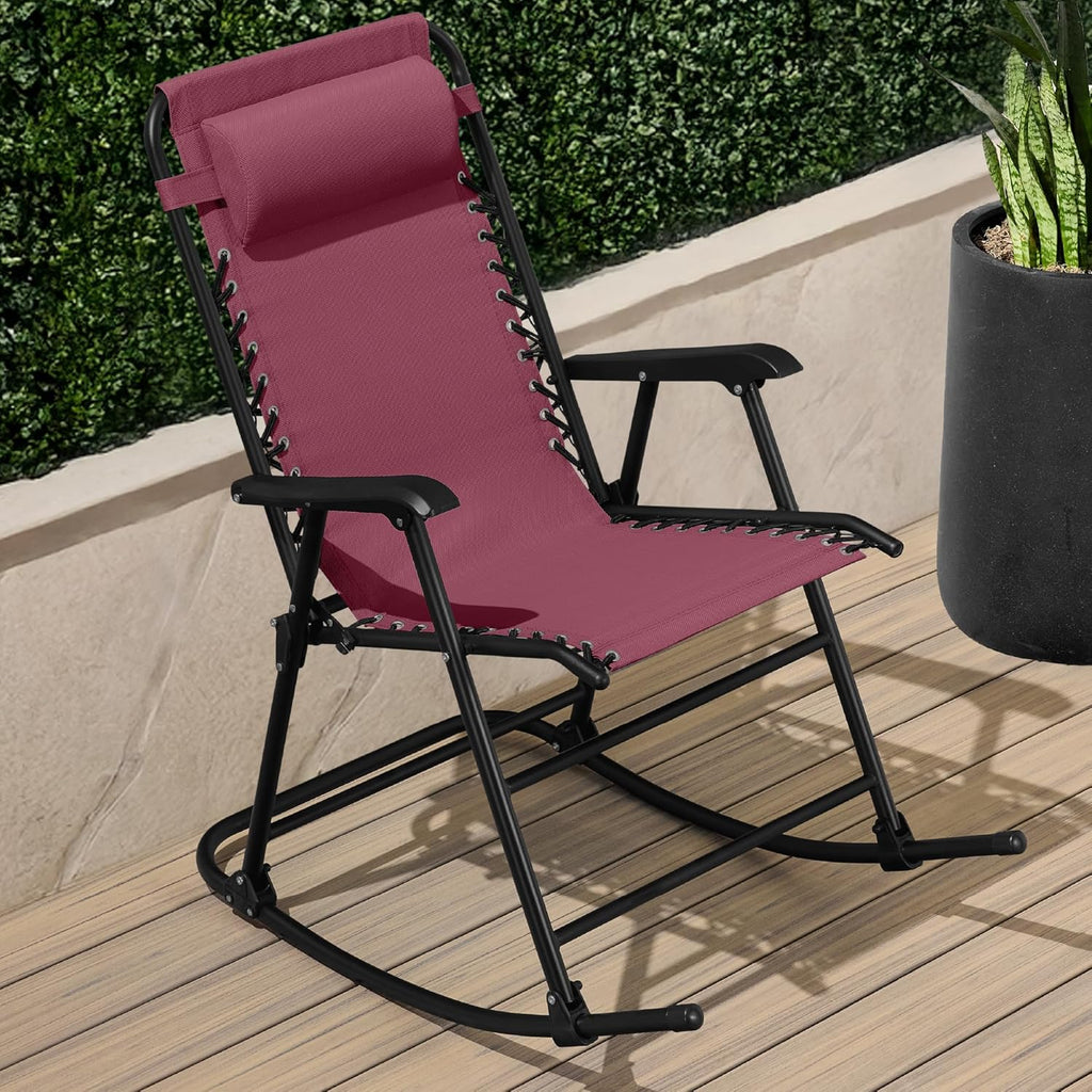 Best Choice Products Outdoor Zero Gravity Rocking Chair, Folding Reclining Patio Lounge Chair with Adjustable Pillow for Lawn, Beach, Camping - Burgundy