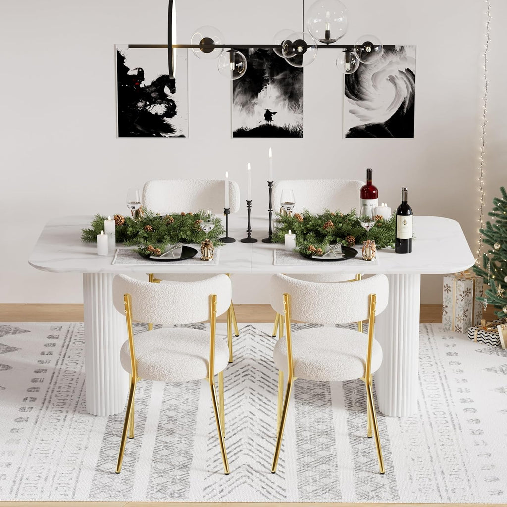 Oval Dining Table for 4-8 People, 70" Long Large Kitchen Table with Thick Sturdy Ripple Legs, Modern Spacious Rectangle Accent Dining Room Table for Dining Room/Kitchen/Apartment (Faux Marble&White)