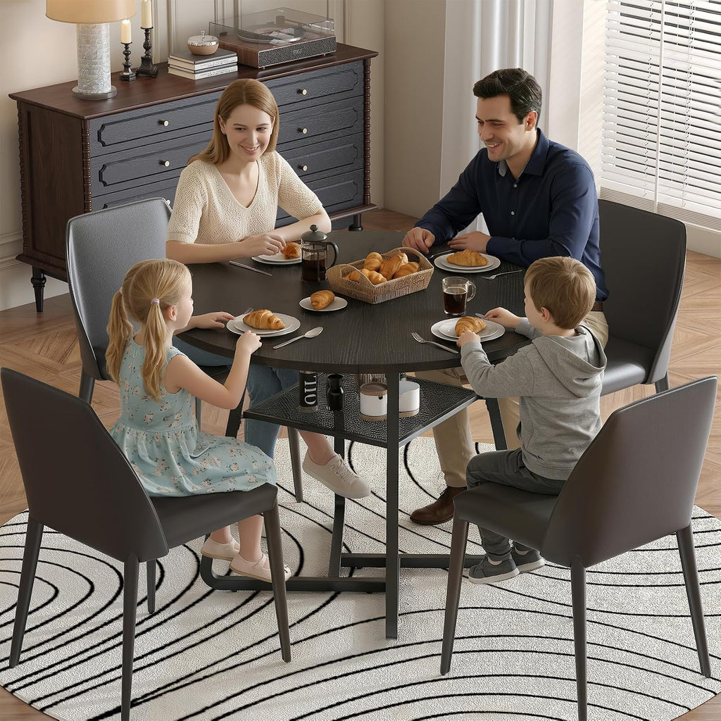Bigbiglife 43.3" Dining Table for 4, Round Kitchen Table with Storage, Space Saving Circle Dinner Table, Farmhouse Kitchen & Dining Room Tables with Metal Legs for Dining Room (Black)