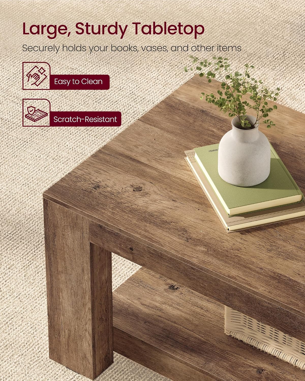 VASAGLE Coffee Table, 2-Tier Center Table with Rustic Charm and Clean Lines