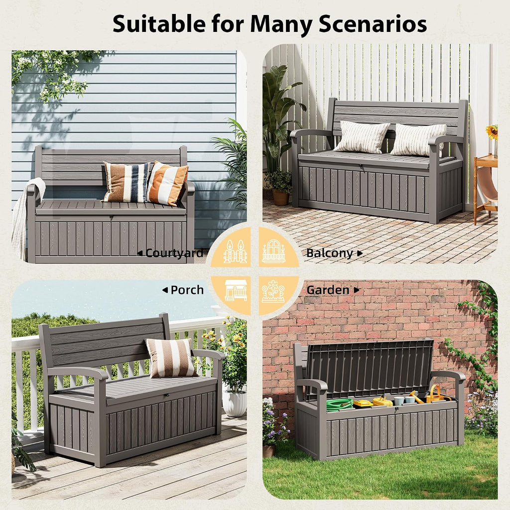 80 Gallon Lockable Deck Bench with Storage, Resin Stripes Outdoor Storage Box, Waterproof Outdoor Porch Bench for Cushions Garden Tools, and Pool Supplies, Grey