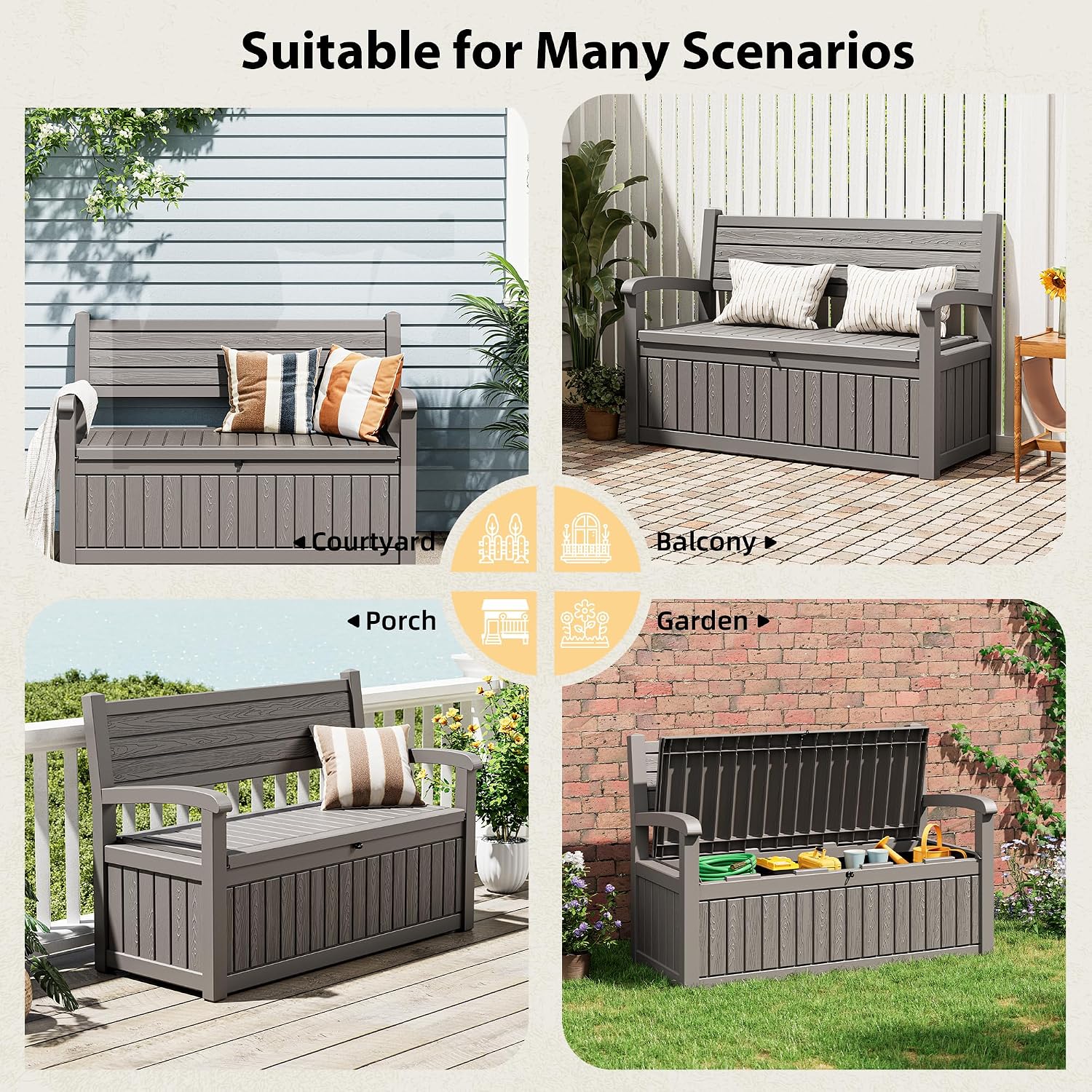 80 Gallon Lockable Deck Bench with Storage, Resin Stripes Outdoor Storage Box, Waterproof Outdoor Porch Bench for Cushions Garden Tools, and Pool Supplies, Grey