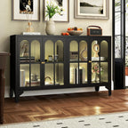 Foreate Sideboard Buffet Cabinet with Glass Door & LED Light, 53.2" Large Buffet Cabinet with Storage & Adjustable Shelf, Farmhouse Sideboard Credenzas Metal Kitchen Buffet, Black